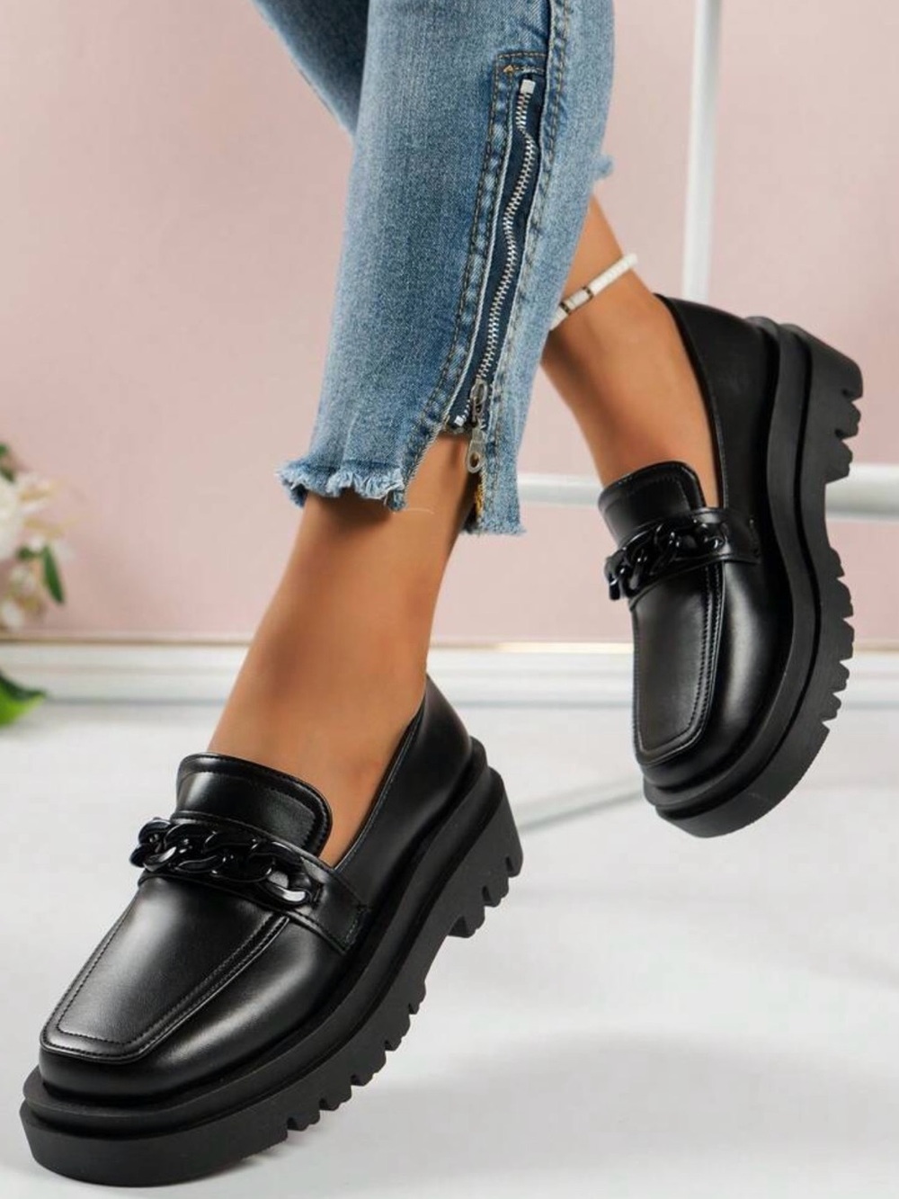 Black Chain Loafers Platform Chunky Sole Square Toe Slip On Flats Women Size 8